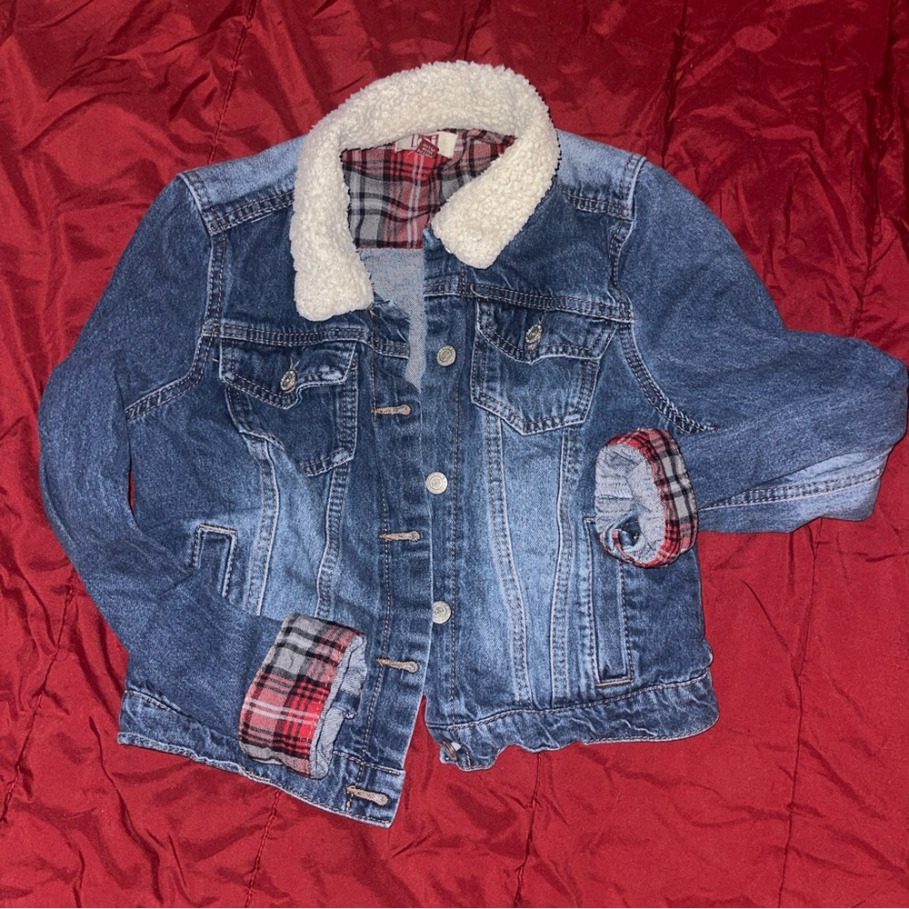 LEI Dark Blue Wash Denim Juniors Jean Jacket w/ Faux Fur Collar Size M